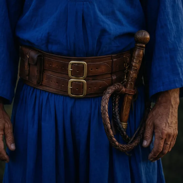 Gros plan généré par IA de la large ceinture en cuir de Kalman, à boucles de laiton, et de son fouet enroulé